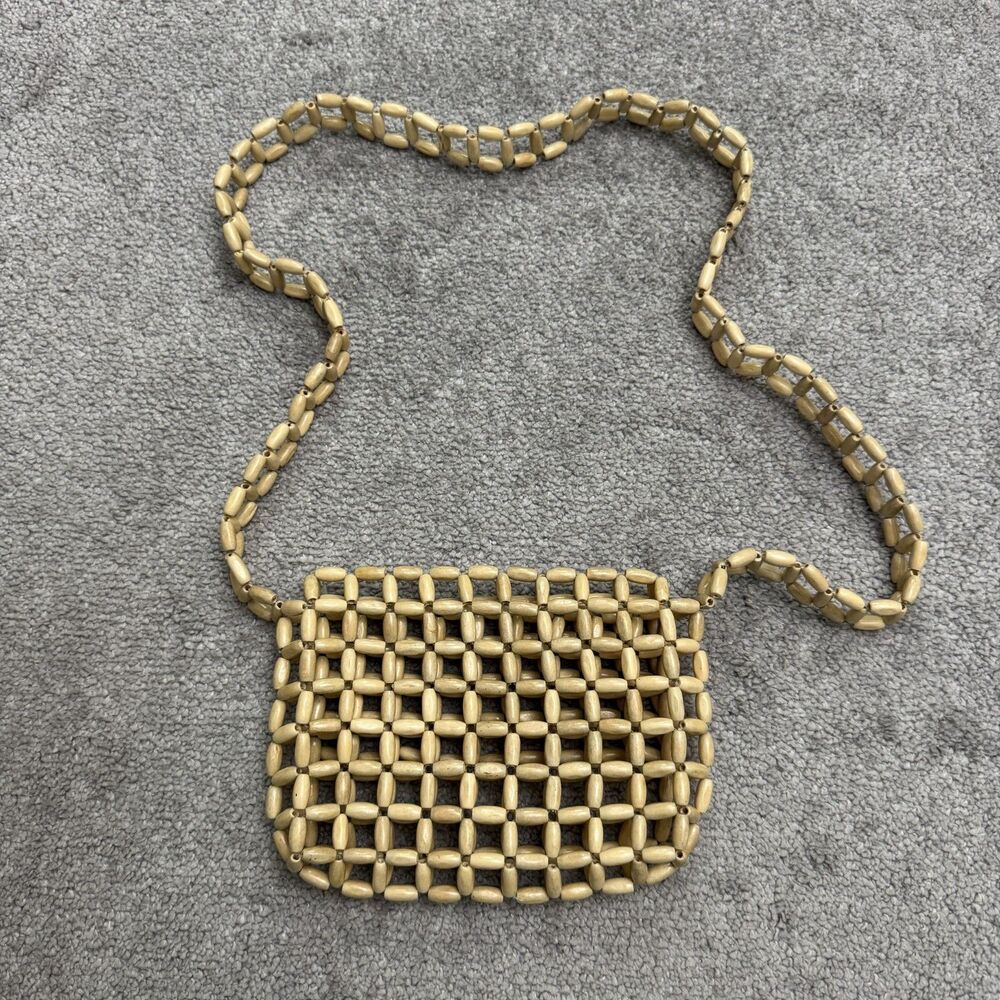 Vintage 70s Natural Wood Beaded Flap Crossbody Bag Mini Purse Neutral Boho Tan